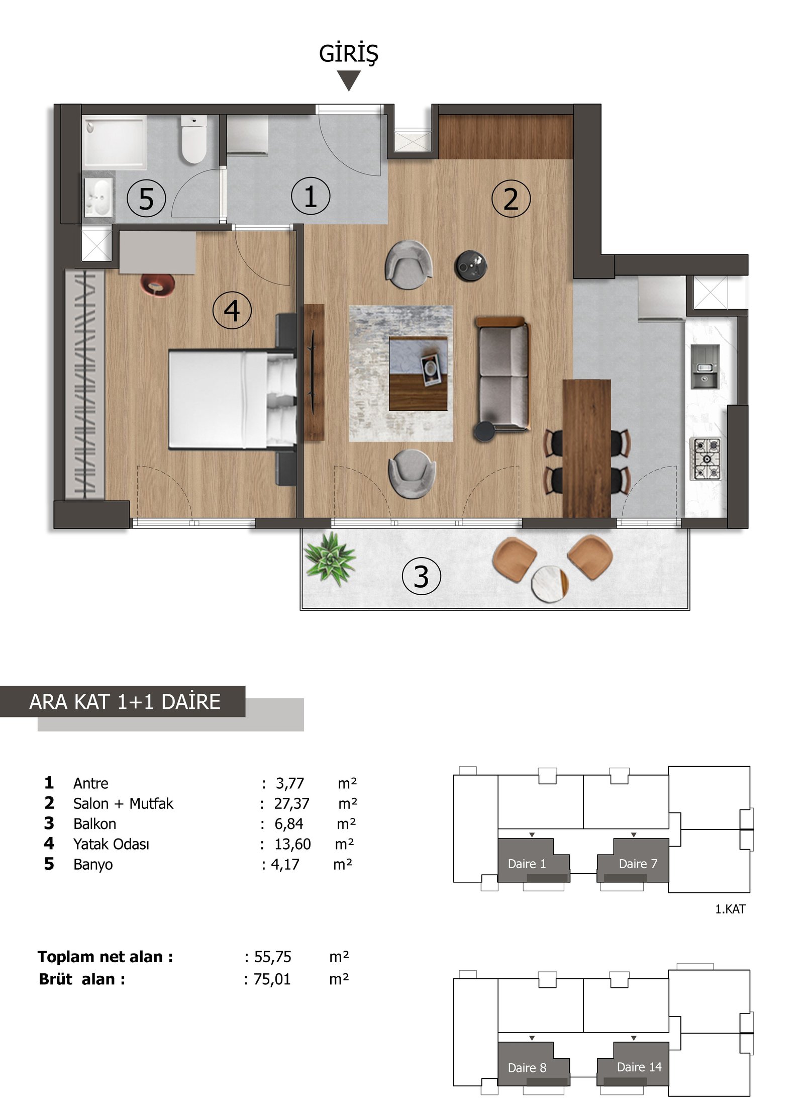 1+1 Ara Kat Daire kat planı