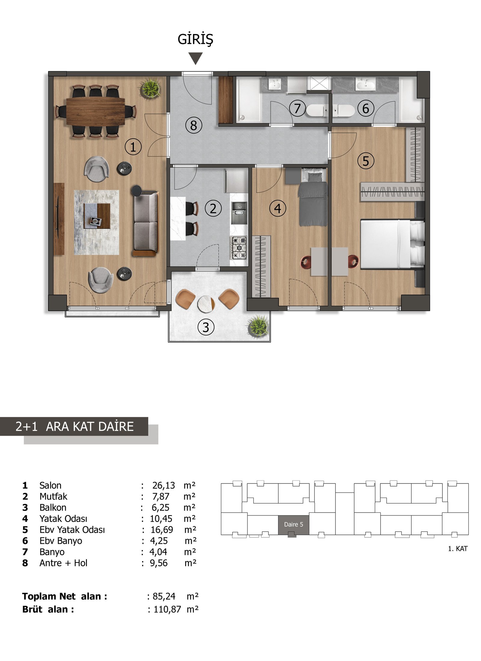 2+1 Ara Kat (Ayrı Mutfak) kat planı